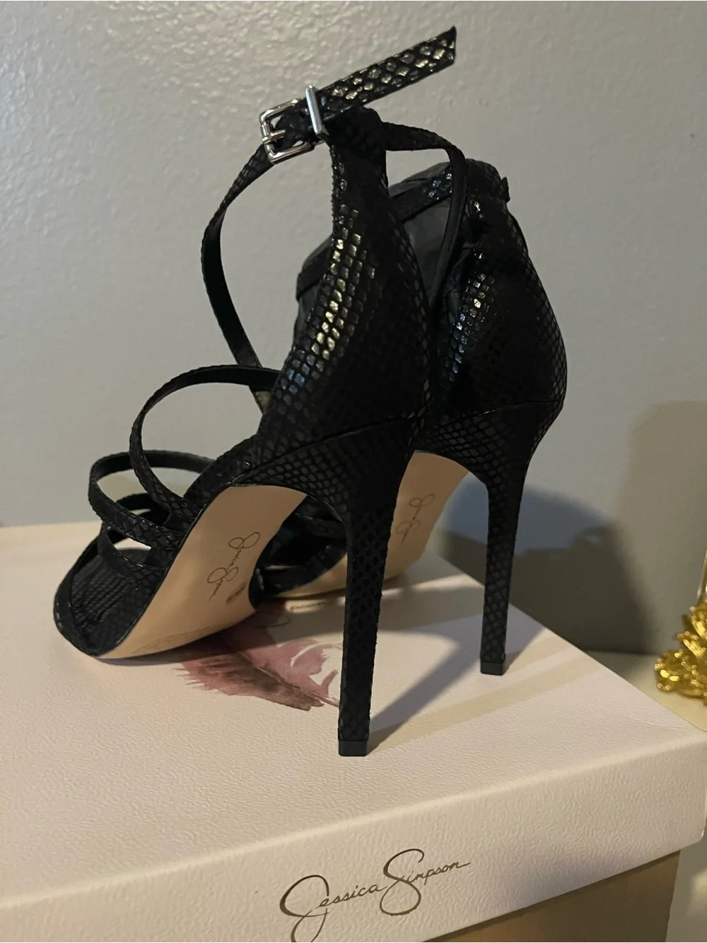 Jessica Simpson Black Strappy Snake-Texture High Heel Sandals